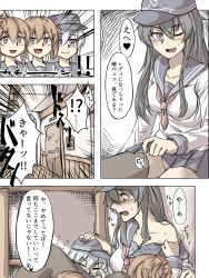 Rule 34 | 4girls, aged up, akatsuki (kancolle), anchor symbol, black legwear, blue eyes, brown hair, clothes lift, commentary request, door, emphasis lines, fang, flat cap, flying sweatdrops, folded ponytail, grey eyes, hair between eyes, hair ornament, hairclip, hat, hibiki (kancolle), highres, ichininmae no lady, ikazuchi (kancolle), inazuma (kancolle), kantai collection, lifted by self, long hair, multiple girls, one eye closed, panties, school uniform, serafuku, silver hair, skirt, skirt lift, tadd (tatd), thighhighs, translation request, underwear, white panties