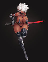 Rule 34 | 1girl, arm guards, armor, bare shoulders, bikini armor, black background, boots, breasts, cleavage, closed mouth, collarbone, commentary request, curvy, dark elf, dark skin, elbow pads, elf, fingerless gloves, full body, gloves, gradient background, gurimjang, hair over one eye, highres, holding, holding sword, holding weapon, huge breasts, large breasts, lips, looking at viewer, navel, original, pointy ears, shiny skin, short hair, simple background, solo, stomach, sword, thick thighs, thigh boots, thighs, weapon, white hair, wide hips, yellow eyes