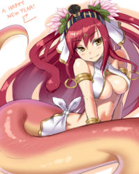 Rule 34 | 1girl, armlet, bad id, bad pixiv id, bare shoulders, bracelet, breasts, chinese zodiac, cleavage, highres, jewelry, kakaon, lamia, long hair, lots of jewelry, monster girl, new year, original, red hair, smile, snake, snake (chinese zodiac), snake tail, solo, tail, yellow eyes