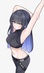 Rule 34 | 1girl, absurdres, armpits, arms up, belt, black belt, black hair, black pants, black shirt, blue archive, blue eyes, blue hair, breasts, colored inner hair, commentary request, cowboy shot, crop top, grey background, hela png, highres, large breasts, leggings, long hair, looking at viewer, midriff, multicolored hair, navel, pants, partial commentary, saori (blue archive), shirt, simple background, sleeveless, sleeveless shirt, solo, standing, stomach, thighs, very long hair