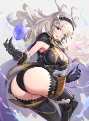 1girl absurdres armor armored_leotard ass black_cape black_gauntlets black_gloves black_hairband black_leotard black_thighhighs breasts cape cleavage corrin_(female)_(fire_emblem) corrin_(female)_(nohr_noble)_(fire_emblem) corrin_(fire_emblem) double-parted_bangs dragon_girl dragon_horns dragon_tail fire_emblem fire_emblem_fates floating_gem gloves gonzarez greaves grey_hair hair_between_eyes hairband highres horns large_breasts leotard long_hair looking_at_viewer nintendo open_mouth pointy_ears red_eyes revision signature solo tail thighhighs wavy_hair