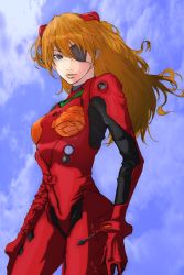 Rule 34 | 10s, 1girl, bad id, bad pixiv id, blue eyes, bodysuit, bracer, breasts, brown hair, cloud, cowboy shot, damaged, day, duct tape, evangelion: 3.0 you can (not) redo, eyepatch, floating hair, from side, gloves, hair between eyes, hair ornament, headgear, highres, lips, long hair, looking at viewer, neon genesis evangelion, oliver (silver-classic-tabby), orange hair, outdoors, parted bangs, parted lips, patch, pilot suit, plugsuit, rebuild of evangelion, sketch, sky, small breasts, solo, souryuu asuka langley, turtleneck