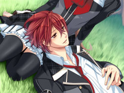 Rule 34 | 1boy, 1girl, black thighhighs, bow, bowtie, collared shirt, game cg, grass, head out of frame, hetero, jacket, lap pillow, long sleeves, lying, necktie, on back, on ground, orange eyes, red bow, red bowtie, red hair, school uniform, shirt, sitting, skirt, solo focus, starry sky (game), thighhighs, tomoe you, upper body, white shirt, yahisa tsukiko