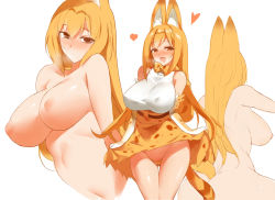 Rule 34 | 10s, 1girl, :d, alternate hair length, alternate hairstyle, animal ears, back, bad id, bad pixiv id, blonde hair, blush, breasts, brown eyes, cleavage, covered erect nipples, elbow gloves, gloves, heart, kemono friends, large breasts, long hair, looking at viewer, multiple views, navel, nipples, open mouth, panties, serval (kemono friends), simple background, smile, underwear, very long hair, white background, yellow panties, yostxxx