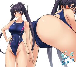 Rule 34 | ass, bare legs, black eyes, black hair, blue one-piece swimsuit, breasts, commission, competition swimsuit, dated, hair ribbon, highleg, highleg swimsuit, highres, large breasts, long hair, looking ahead, looking at viewer, looking back, memories off 2nd, one-piece swimsuit, pixiv commission, ponytail, ribbon, signature, simple background, standing, suzuna takano, swimsuit, tachi-e, thighs, two-tone swimsuit, white background, yoo tenchi