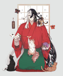 1boy ashiya_douman_(fate) bell black_hair cat colored_extremities colored_skin commentary_request cushion earrings fate/grand_order fate_(series) fluffy full_body green_nails hair_bell hair_ornament highres japanese_clothes jewelry kimono long_hair magatama magatama_earrings male_focus matsuno_(mat8k) multicolored_hair multiple_cats paw_print red_kimono seiza shikigami shouji sitting sliding_doors smile solo two-tone_hair very_long_hair white_hair yarn yarn_ball