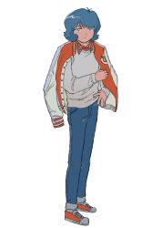 Rule 34 | 1boy, absurdres, alternate costume, blue eyes, blue hair, blue pants, closed mouth, collared shirt, full body, gundam, highres, hoho4, jacket, jacket on shoulders, kamille bidan, letterman jacket, light frown, long sleeves, male focus, pants, plaid, plaid shirt, red footwear, shirt, shoes, short hair, simple background, sneakers, solo, standing, sweater vest, white background, white sweater vest, zeta gundam