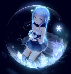 Rule 34 | 1girl, bad id, bad pixiv id, bare shoulders, blue background, blue eyes, blue gloves, blue hair, blue legwear, blue scarf, blue skirt, blush, breasts, christmas, christmas tree, commentary, dark background, dress, fingerless gloves, frilled dress, frilled skirt, frills, futoshi ame, glass, gloves, hair ornament, holding, inside bubble, long hair, looking at viewer, nose blush, original, outstretched hand, scarf, sidelocks, sitting, skirt, sleeveless, small breasts, smile, snow, snow globe, snowflakes, solo, strapless, strapless dress, twintails, very long hair