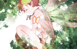Rule 34 | 10s, 1girl, armlet, bare shoulders, chain chronicle, dress, earrings, closed eyes, fairy wings, faux traditional media, hair ornament, jewelry, leaf, neck ribbon, pirika (chain chronicle), pointy ears, red hair, ribbon, ring, solo, toi8, wings