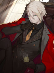 Rule 34 | 1boy, absurdres, bishounen, black gloves, black jacket, black shirt, black suit, blue eyes, chair, closed mouth, coat, coat on shoulders, crossed legs, cup, dress shirt, drinking glass, earrings, fate/grand order, fate (series), formal, gloves, hair between eyes, hand up, heroic spirit formal dress, highres, holding, holding cup, indoors, jacket, jam (nandade), jewelry, karna (fate), karna (formal dress) (fate), light rays, long sleeves, looking at viewer, male focus, necktie, pale skin, red coat, shirt, short hair, sitting, solo, suit, upper body, white hair, window, wine glass, yellow necktie
