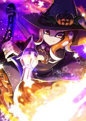 Rule 34 | 1girl, black dress, black hat, closed mouth, dress, frilled sleeves, frills, halloween, halloween costume, hat, highres, holding, holding weapon, inkbrush (splatoon), jack-o&#039;-lantern hat ornament, light particles, medium dress, medium hair, nintendo, nomu (29 nom), octoling, octoling girl, octoling player character, red eyes, red hair, short sleeves, smile, solo, splatoon (series), star (symbol), suction cups, tentacle hair, weapon, witch hat