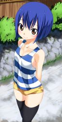 Rule 34 | 1girl, absurdres, arms behind back, black thighhighs, blue hair, brown eyes, fairy tail, highres, looking at viewer, outdoors, planeptune, short hair, short shorts, shorts, skindentation, smile, solo, thighhighs, wendy marvell, yellow shorts