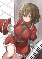 Rule 34 | 1girl, absurdres, bare legs, blush, breasts, brown hair, hat, highres, instrument, keyboard (instrument), kuraki, large breasts, looking at viewer, lyrica prismriver, petticoat, qingdai guanmao, red hat, red skirt, red vest, shirt, sitting, skirt, solo, touhou, vest, white shirt