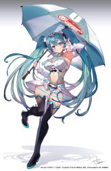 Rule 34 | 1girl, aqua hair, aqua necktie, armpits, black thighhighs, blush, breasts, cleavage, clenched teeth, copyright notice, day, elbow gloves, fingerless gloves, fingernails, full body, gloves, goodsmile racing, hair between eyes, hatsune miku, holding, holding umbrella, long hair, looking at viewer, medium breasts, navel, necktie, official art, purple eyes, race queen, racing miku, smile, solo, teeth, thighhighs, toridamono, twintails, umbrella, very long hair, vocaloid, white gloves