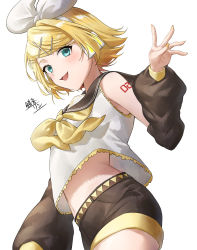 Rule 34 | 1girl, :d, arm at side, belt, black sailor collar, black shorts, black sleeves, blonde hair, blue eyes, bow, contrapposto, coppepan, cowboy shot, crop top, detached sleeves, eyelashes, fingernails, flat chest, hair bow, hair ornament, hairclip, hand up, headset, highres, kagamine rin, light blush, long sleeves, looking at viewer, looking down, midriff, nail polish, navel, neckerchief, number tattoo, open mouth, parted bangs, puffy long sleeves, puffy sleeves, sailor collar, short hair, shorts, shoulder tattoo, simple background, smile, solo, swept bangs, tattoo, vocaloid, white background, white bow, x hair ornament, yellow nails, yellow neckerchief