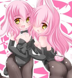 Rule 34 | 2girls, :d, :o, animal ears, bare shoulders, black gloves, black leotard, black neckwear, blush, bow, bowtie, breasts, brown legwear, collar, commentary request, detached collar, elbow gloves, fake animal ears, gloves, hair between eyes, hair over one eye, highres, holding hands, interlocked fingers, kanijiru, leaning forward, leotard, long hair, medium breasts, multiple girls, open mouth, original, pantyhose, pink hair, playboy bunny, rabbit ears, rabbit girl, rabbit tail, small breasts, smile, strapless, strapless leotard, tail, twitter username, very long hair, white collar, yellow eyes