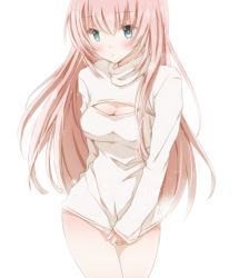 Rule 34 | 1girl, alternate costume, blue eyes, breasts, cleavage, cleavage cutout, clothing cutout, hiro (hirohiro31), long hair, looking at viewer, medium breasts, megurine luka, meme attire, open-chest sweater, pink hair, simple background, solo, sweater, vocaloid, white background