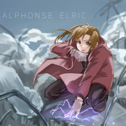 Rule 34 | 1boy, absurdres, ahoge, alphonse elric, brown eyes, brown hair, character name, cloak, conqueror of shambala, electricity, fullmetal alchemist, gloves, highres, hood, hooded cloak, long hair, male focus, ponytail, rubble, smile, solo