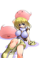 Rule 34 | 1girl, :d, bare legs, blue eyes, blush, breasts, creature, gloves, gunner-l, huge breasts, looking at viewer, on head, open mouth, ragnarok online, short hair, simple background, sitting, slime, smile, solo, white background