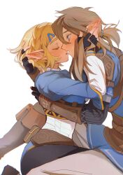 Rule 34 | 1boy, 1girl, black gloves, blonde hair, blue eyes, blush, braid, brown hair, closed eyes, commentary, crown braid, fingerless gloves, gloves, hair ornament, hair tie, hairclip, hand on another&#039;s head, hetero, highres, hug, imminent kiss, link, long hair, long sleeves, nintendo, pointy ears, princess zelda, profile, shirt, short hair, short ponytail, shuo yue, sidelocks, simple background, sitting, sweat, sweatdrop, the legend of zelda, the legend of zelda: tears of the kingdom, white background