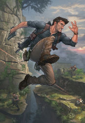 Rule 34 | 4boys, battle, blood, dirty, epic, firing, gun, jumping, male focus, mountain, multiple boys, nathan drake, naughty dog, patrick brown, sky, tree, uncharted, weapon