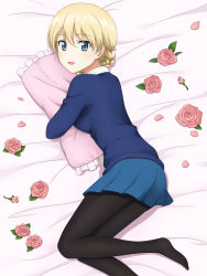 Rule 34 | 1girl, bed sheet, black pantyhose, blonde hair, blue eyes, blue skirt, blue sweater, blush, braid, collared shirt, commentary, darjeeling (girls und panzer), darknessukaru, flower, frilled pillow, frills, from above, girls und panzer, legs, light blush, long sleeves, looking at viewer, lying, miniskirt, hugging object, on bed, on side, open mouth, pantyhose, petals, pillow, pillow hug, pink flower, pink rose, pleated skirt, rose, school uniform, shirt, short hair, skirt, smile, solo, st. gloriana&#039;s school uniform, sweater, swept bangs, thighs, twin braids, white shirt