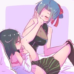 Rule 34 | 2girls, assault lily, bare arms, bare shoulders, barefoot, bed sheet, black hair, blue hair, blush, border, bow, bra, bra lift, breasts, breasts out, bright pupils, closed eyes, closed mouth, folded ponytail, green skirt, grey border, hair between eyes, hair bow, hair ornament, hair over one eye, hand on another&#039;s leg, hands up, highres, knee up, large breasts, leg up, licking, licking foot, long sleeves, looking at another, miniskirt, miyamoto komuku, multiple girls, nakabayashi kaina, navel, nipples, off shoulder, one eye covered, outside border, own hands together, parted lips, pearl hair ornament, pillow, pleated skirt, pulling another&#039;s clothes, purple background, reclining, red bow, red bra, red shirt, school uniform, see-through, shirt, short hair, single thighhigh, skirt, sleeveless, sleeveless shirt, striped clothes, striped skirt, sweat, tearing up, teisuu, thighhighs, thighhighs pull, tongue, tongue out, trembling, underwear, undressing another, vertical-striped clothes, vertical-striped skirt, white pupils, white shirt, yellow eyes, yuri