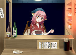 Rule 34 | 1girl, bird wings, blue background, blush, bottle, chopsticks, collarbone, food stand, glass, head scarf, head tilt, highres, japanese clothes, kimono, looking at viewer, mystia lorelei, noronosuke, okamisty, parted lips, pink hair, plate, shelf, short hair, solo, touhou, wings, yellow eyes