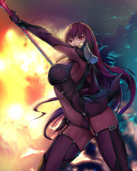 Rule 34 | 1girl, armor, bodysuit, breasts, covered navel, fate/grand order, fate (series), gae bolg (fate), hair intakes, large breasts, leotard, long hair, open mouth, pauldrons, polearm, purple bodysuit, purple hair, purple leotard, red eyes, scathach (fate), scathach (fate), shoulder armor, solo, spear, very long hair, weapon, yuhji