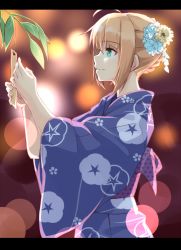 Rule 34 | 1girl, ahoge, alternate costume, aqua eyes, arms up, artoria pendragon (all), artoria pendragon (fate), bamboo, blonde hair, blurry, bokeh, braid, commentary request, depth of field, fate/grand order, fate (series), floral print, flower, from side, hair between eyes, hair flower, hair ornament, hair up, japanese clothes, kimono, lens flare, letterboxed, looking to the side, morning glory, morning glory print, saber (fate), shunichi, smile, solo, tanabata, tanzaku, upper body, yukata