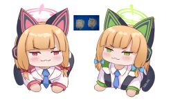 Rule 34 | :3, animal ears, blonde hair, blue archive, bow, cat ears, cat girl, cat tail, fake animal ears, green eyes, hair bow, hair ornament, halo, headphones, meme, midori (blue archive), momoi (blue archive), necktie, pink hair, reference photo, siblings, sisters, smug, tail, takie arts, twins, white background