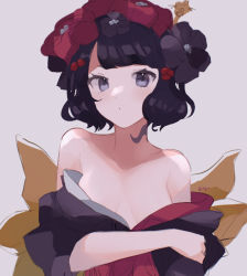 Rule 34 | 1girl, black hair, blue eyes, doodle, fate/grand order, fate (series), flower, grey background, hair flower, hair ornament, japanese clothes, katsushika hokusai (fate), looking at viewer, meloettta, open mouth, short hair, solo