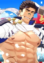 Rule 34 | 1boy, abs, alternate costume, artist name, bara, black hair, blue hair, cloud, cloudy sky, collar, crave saga, feet out of frame, gae bolg (crave saga), gloves, jacket, jewelry, looking at viewer, male focus, manly, mature male, multicolored hair, muscular, muscular male, nattukre, necklace, nipples, official alternate costume, open clothes, open jacket, pectorals, scar, sharp teeth, signature, sky, smirk, solo, spiked hair, teeth, thick eyebrows, twitter username, upper body, yellow eyes