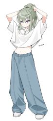 Rule 34 | 1girl, :o, absurdres, adjusting hair, arms up, baggy pants, blue pants, blush, collared shirt, dated, denim, dot nose, green hair, hair between eyes, hands in hair, highres, jeans, kusanagi nene, legs apart, long hair, looking ahead, midriff, navel, pants, parted lips, pjmiyo, ponytail, project sekai, purple hair, shirt, shirt overhang, shoes, short sleeves, sidelocks, simple background, solo, standing, stomach, white background, white footwear, white shirt