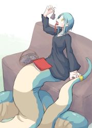 Rule 34 | 1girl, 4138, bench, book, eating, female focus, forked tongue, green hair, highres, lamia, long tongue, monster girl, mouse (animal), open mouth, original, sitting, solo, tongue, vore, yellow eyes