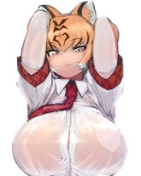 Rule 34 | 1girl, :3, arms up, breasts, covered erect nipples, elbow gloves, gloves, highres, huge breasts, kemono friends, multicolored hair, necktie, orange eyes, orange hair, see-through, shibori kasu, short hair, simple background, solo, streaked hair, tiger (kemono friends), upper body, wet, white background