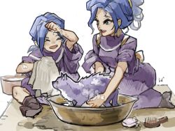 Rule 34 | 1boy, 1girl, alfador, blue hair, brother and sister, cat, chrono trigger, earrings, closed eyes, green eyes, hair brush, hand on own face, highres, holding, holding towel, janus zeal, jewelry, looking at another, purple robe, robe, schala zeal, siblings, sitting, smile, soap, towel, uzutanco, washing, washpan
