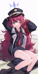 Rule 34 | absurdres, armband, black shirt, black socks, blouse, blue archive, blush, hat, highres, iroha (blue archive), jacket, long hair, military, military hat, military jacket, military uniform, miniskirt, necktie, one eye closed, open mouth, pillow, red hair, red necktie, shirt, sitting, skirt, socks, tatami, thighs, tiko (idadsa91), uniform