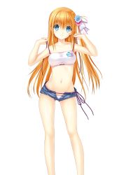 Rule 34 | 1girl, absurdres, bikini, bikini under clothes, blonde hair, blue eyes, blue flower, blue shorts, blush, bow, breasts, charlotte (anime), closed mouth, collarbone, flower, groin, hair between eyes, hair bow, hair flower, hair ornament, highres, long hair, looking at viewer, medium breasts, micro shorts, na-ga, navel, nishimori yusa, open clothes, open shorts, purple ribbon, red flower, ribbon, shorts, simple background, smile, solo, standing, swimsuit, very long hair, white background, white bikini, white bow