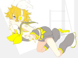 Rule 34 | 1boy, androgynous, arm tattoo, ascot, bare shoulders, blonde hair, blue eyes, blush, bow, cosplay, costume switch, crossdressing, detached sleeves, embarrassed, hair bow, hair ornament, hairclip, headphones, headset, highres, kagamine len, kagamine rin, kagamine rin (cosplay), leg warmers, looking at viewer, looking to the side, midriff, nail polish, neckerchief, number tattoo, oyamada gamata, sailor collar, shirt, shorts, sleeveless, sleeveless shirt, tattoo, treble clef, vocaloid, yellow nails, yellow neckerchief