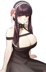 Rule 34 | 1girl, bare shoulders, black dress, black hair, blunt bangs, breasts, cleavage, dress, earrings, hairband, highres, jewelry, large breasts, long hair, looking at viewer, parted lips, red eyes, sidelocks, simple background, single earring, solo, songchuan li, spy x family, white background, yor briar