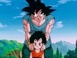 Rule 34 | black eyes, black hair, cloud, cloudy sky, dragon ball, dragonball z, grandfather and granddaughter, grass, happy, height difference, mountain, muscular, muscular male, pan (dragon ball), sky, smile, son goku, tagme, tree