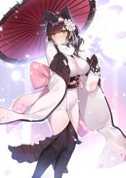 Rule 34 | atago (azur lane), atago (hallmarks of winter) (azur lane), azur lane, black gloves, black hair, black pantyhose, blush, boots, cross-laced footwear, flower, frilled kimono, frills, gloves, hair flower, hair ornament, highres, holding, holding umbrella, japanese clothes, kimono, lace-up boots, motion blur, obi, oil-paper umbrella, pantyhose, pouch, sash, snowing, solo, standing, swept bangs, umbrella, yaman, yellow eyes