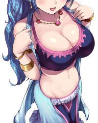 Rule 34 | 1girl, armlet, blue hair, bracelet, breasts, fingernails, highres, jewelry, kasai shin, large breasts, long hair, navel, necklace, nefertari vivi, one piece, shiny skin, simple background, smile, solo, stomach