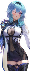 Rule 34 | 1girl, black thighhighs, blue hair, breasts, cape, clothing cutout, covered navel, cowboy shot, eula (genshin impact), freze, genshin impact, hairband, highres, long hair, long sleeves, looking at viewer, medium breasts, one eye closed, open mouth, shirt, shoulder cutout, simple background, skindentation, solo, standing, thigh gap, thighhighs, thighs, white background, white shirt, yellow eyes