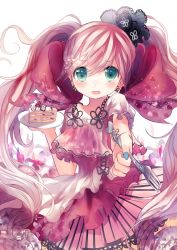 Rule 34 | 1girl, bad id, bad pixiv id, blue nails, cake, collarbone, fang, food, fork, green eyes, holding, holding fork, holding plate, long hair, looking at viewer, nail polish, opopowa, original, pink hair, plate, solo, strawberry shortcake, twintails, very long hair