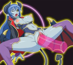Rule 34 | 1girl, animated, animated gif, astaroth (shinrabanshou), black background, blue skin, breasts, bridal gauntlets, colored skin, earrings, third-party edit, female ejaculation, horns, jewelry, large insertion, long hair, nipples, open mouth, orgasm, ponpondou, pussy, shinrabanshou, spread legs, stomach bulge, tail, thighhighs, third-party edit, uncensored, wince, wings, yellow eyes