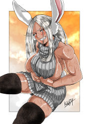 Rule 34 | 1girl, absurdres, animal ears, bare shoulders, boku no hero academia, breasts, clutching clothes, dark-skinned female, dark skin, eyelashes, grin, highres, kouta0726, large breasts, long eyelashes, long hair, looking at viewer, meme attire, mirko, muscular, muscular female, rabbit ears, rabbit tail, red eyes, sideboob, sidelocks, signature, sitting, smile, sweat, tail, thick thighs, thighhighs, thighs, virgin killer sweater, white hair, zettai ryouiki