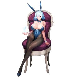 Rule 34 | 1girl, animal ears, blue bow, blue bowtie, blue footwear, blue hair, blue leotard, bow, bowtie, breasts, brown pantyhose, chair, cleavage, closed mouth, collar, covered navel, crossed legs, detached collar, detached sleeves, easy chair, fake animal ears, full body, hair between eyes, headband, high heels, highleg, highleg leotard, highres, huge breasts, ice, large breasts, last origin, leotard, light blue hair, linea alba, lips, official alternate costume, official art, pantyhose, playboy bunny, rabbit ears, red eyes, short hair, sitting, skindentation, snowball22, solo, tachi-e, titania frost, transparent background, white collar, white sleeves, wide hips, wrist cuffs