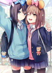 Rule 34 | 1girl, :d, animal ears, backpack, bag, bag charm, black pantyhose, blazer, blue bow, blue eyes, blue hoodie, blue jacket, blue neckwear, blue skirt, blush, borushichi, bow, brown eyes, brown hair, brown hairband, brown thighhighs, building, cellphone, charm (object), commentary request, day, diagonal-striped clothes, diagonal-striped necktie, diagonal-striped neckwear, drawstring, fake animal ears, hair between eyes, hair bow, hairband, hand up, highres, holding, holding phone, hood, hood down, hooded jacket, hoodie, jacket, long hair, moe2019, necktie, open clothes, open jacket, open mouth, original, outdoors, outstretched arm, pantyhose, petals, phone, pink bow, pink jacket, pleated skirt, print bow, reaching, reaching towards viewer, red neckwear, school bag, school uniform, selfie, skirt, smile, solo, standing, star (symbol), star print, striped clothes, striped neckwear, thighhighs, v